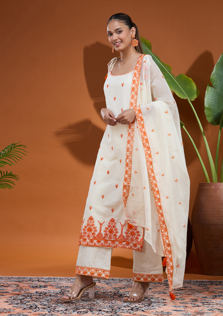 Off White Threadwork Chanderi Readymade Salwar Suit