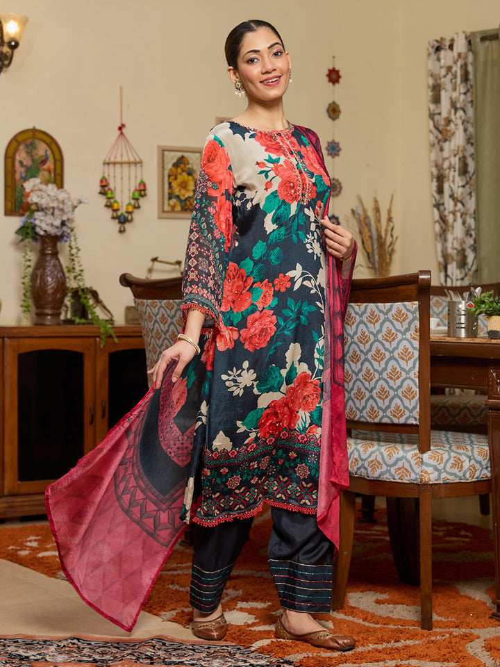 Navy Blue Mirrorwork Chinon Readymade Salwar Suit