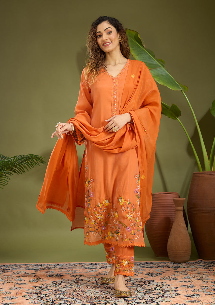 Orange Sequins Chanderi Readymade Salwar Suit