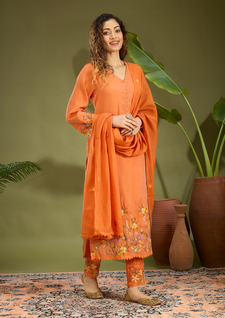 Orange Sequins Chanderi Readymade Salwar Suit