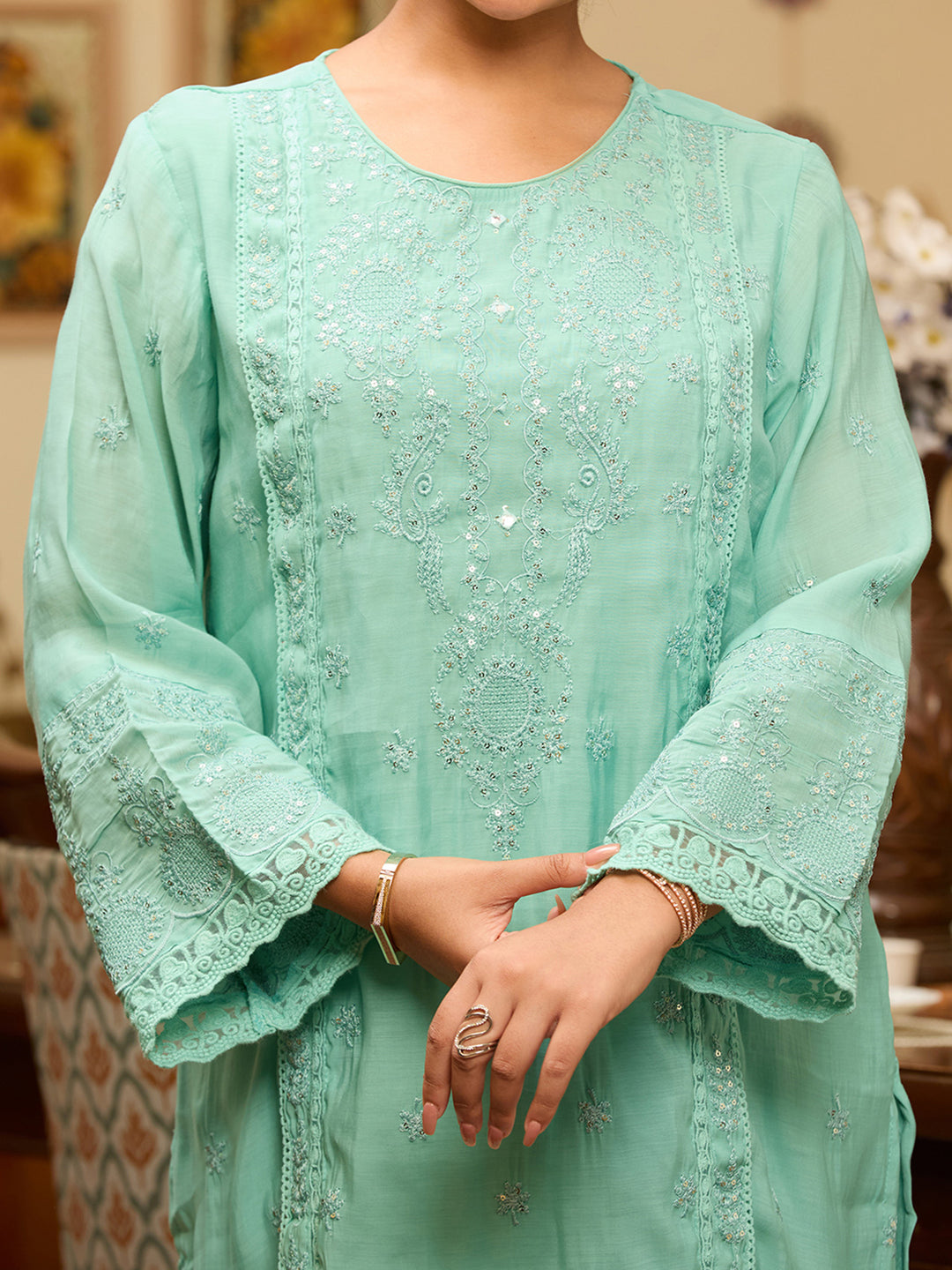 Sea Green Threadwork Chanderi Readymade Salwar Suit