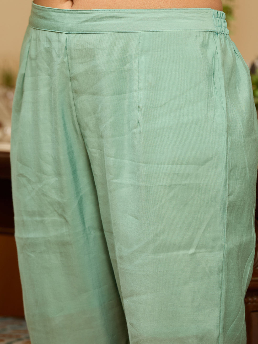 Sea Green Threadwork Chanderi Readymade Salwar Suit