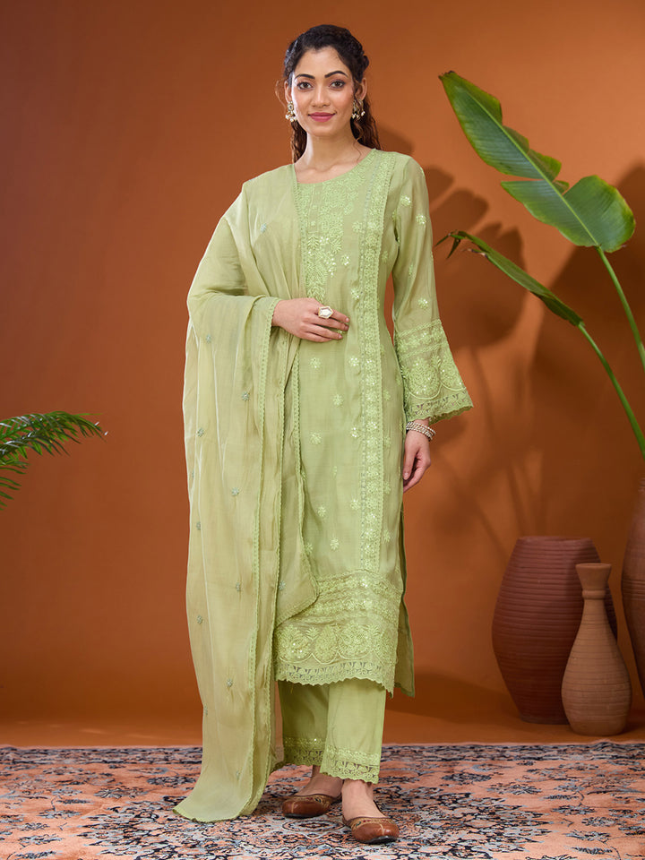 Pista Green Threadwork Chanderi Readymade Salwar Suit