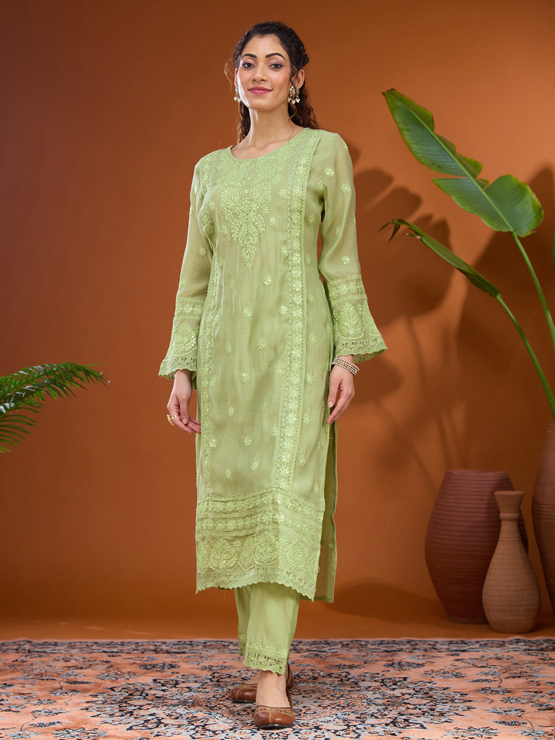 Pista Green Threadwork Chanderi Readymade Salwar Suit