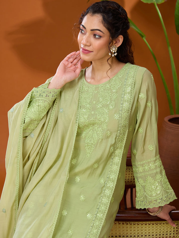 Pista Green Threadwork Chanderi Readymade Salwar Suit