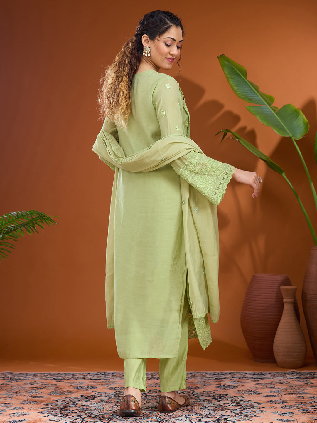 Pista Green Threadwork Chanderi Readymade Salwar Suit