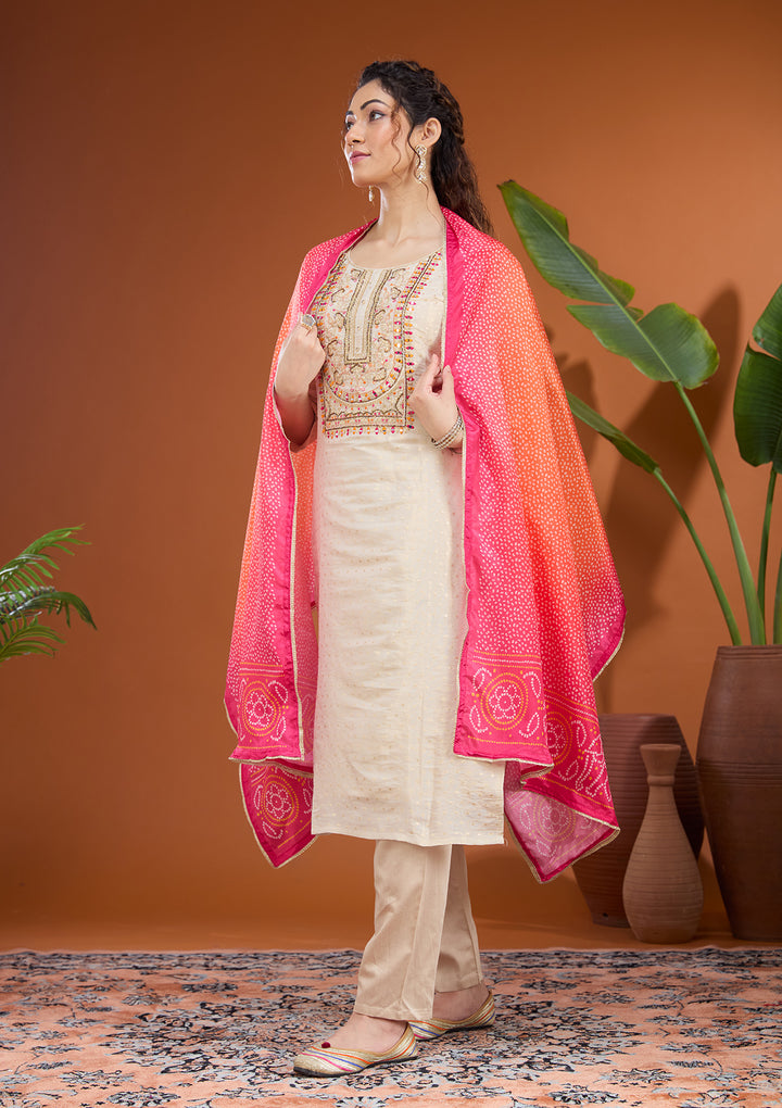 Beige Threadwork Tissue Readymade Salwar Suit
