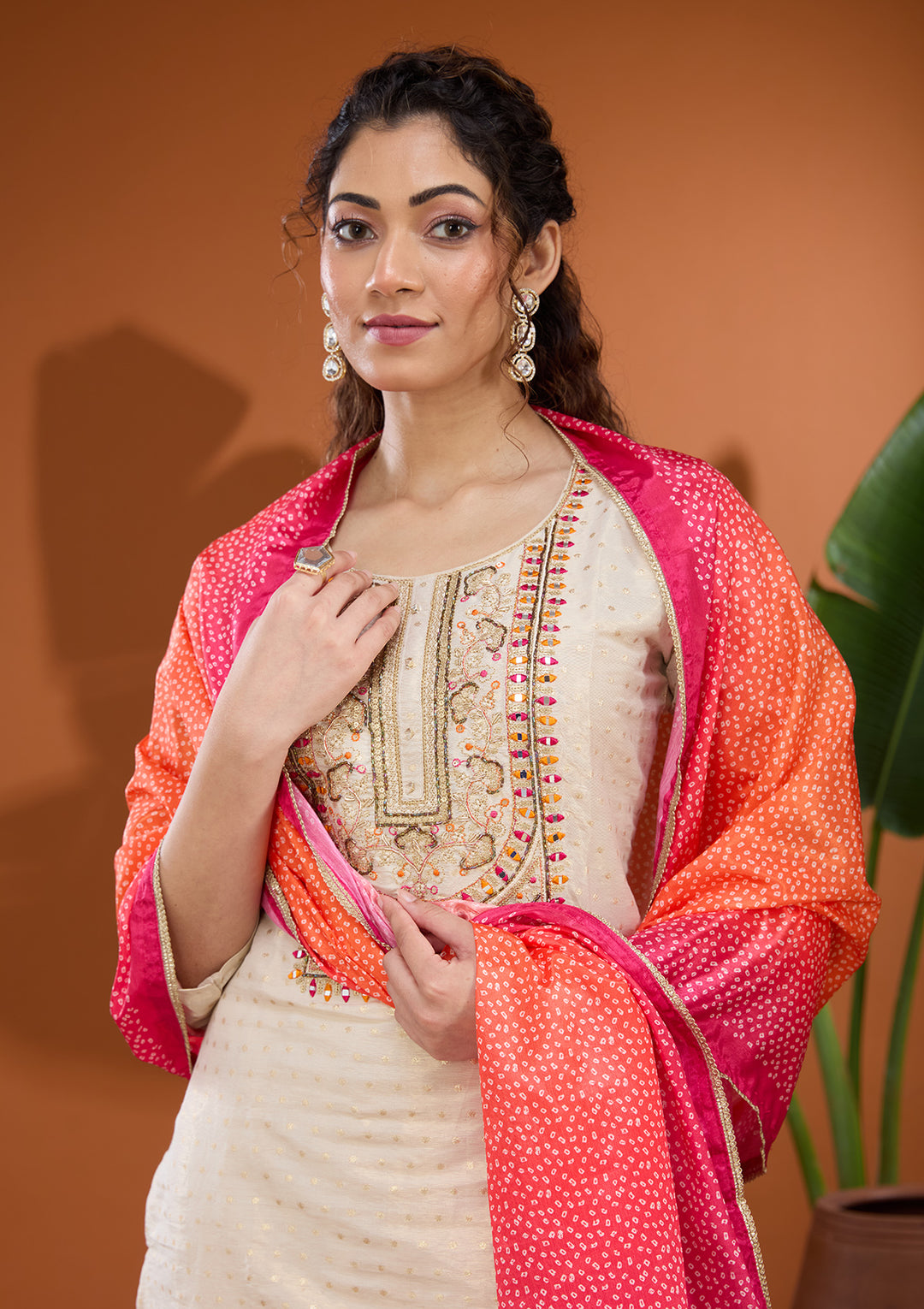 Beige Threadwork Tissue Readymade Salwar Suit