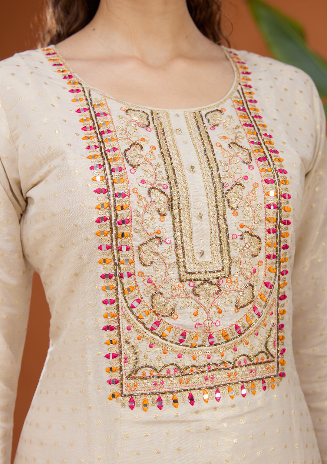 Beige Threadwork Tissue Readymade Salwar Suit