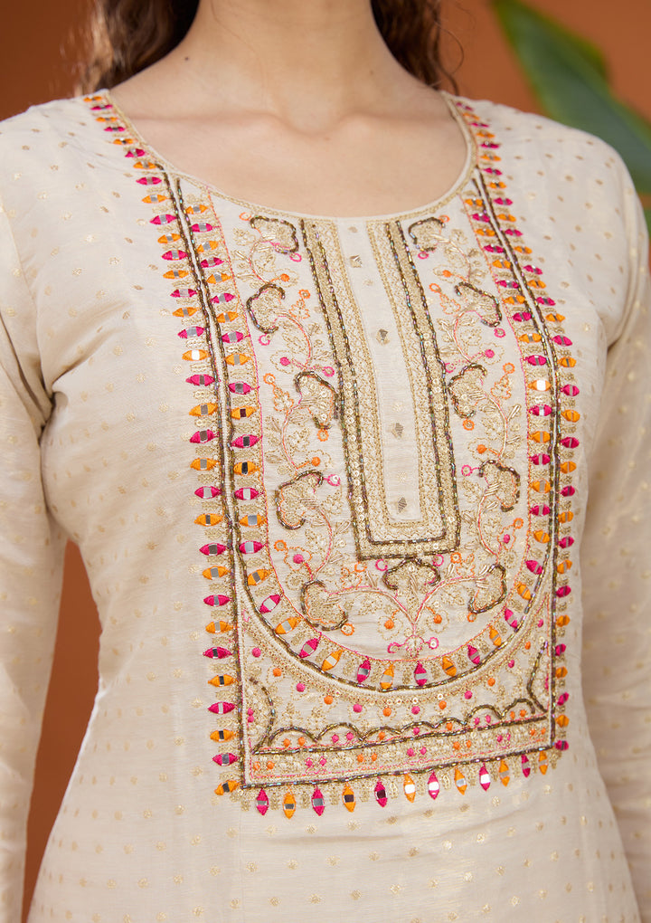 Beige Threadwork Tissue Readymade Salwar Suit