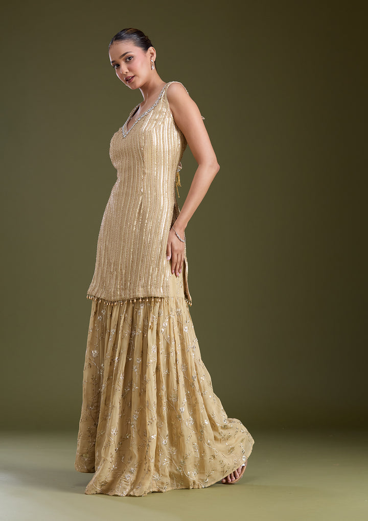 Beige Sequins Georgette Readymade Salwar Suit