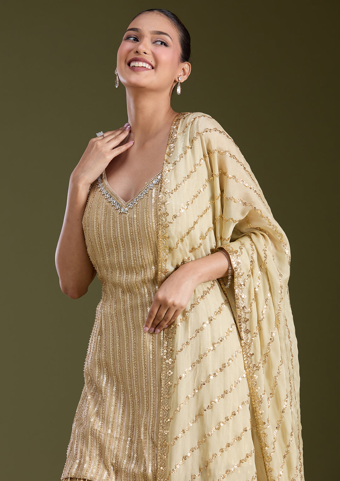 Beige Sequins Georgette Readymade Salwar Suit