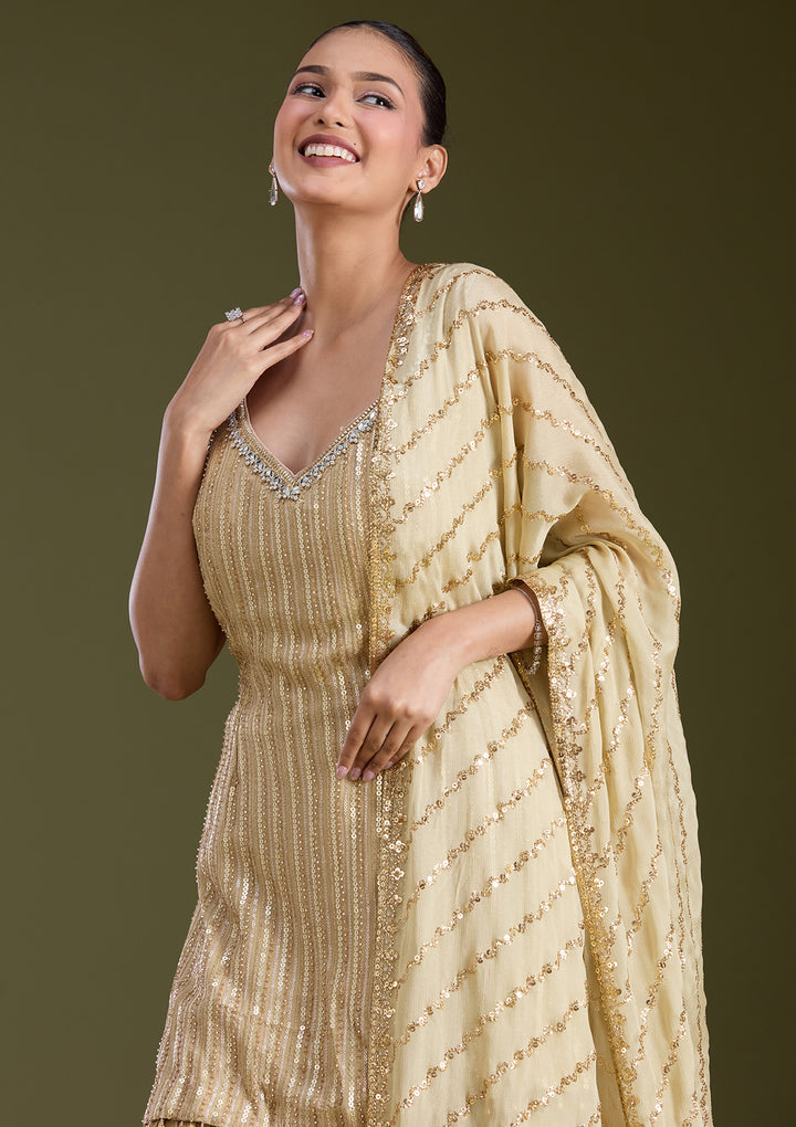 Beige Sequins Georgette Readymade Salwar Suit