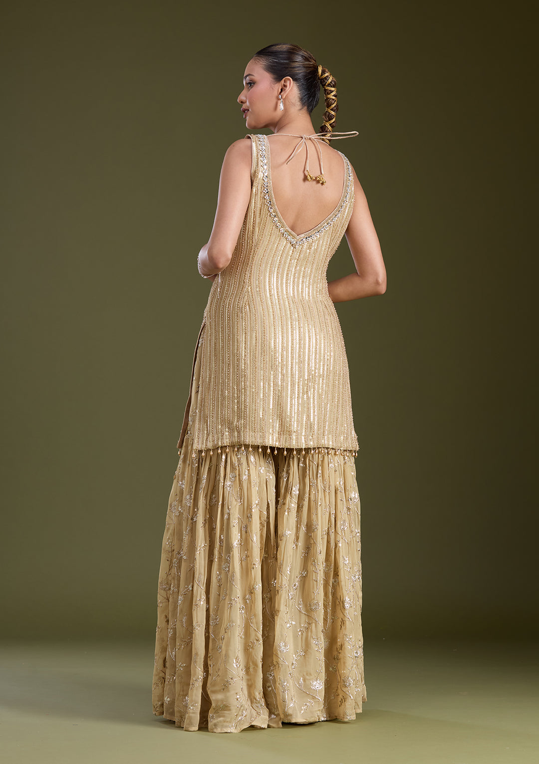 Beige Sequins Georgette Readymade Salwar Suit