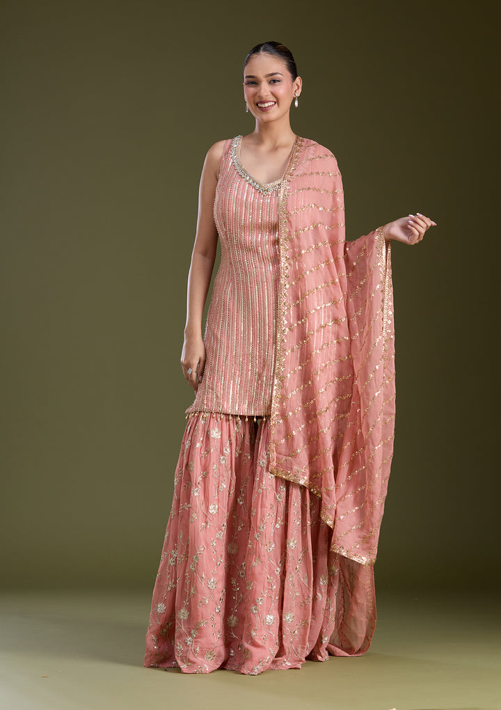 Peach Sequins Georgette Readymade Salwar Suit
