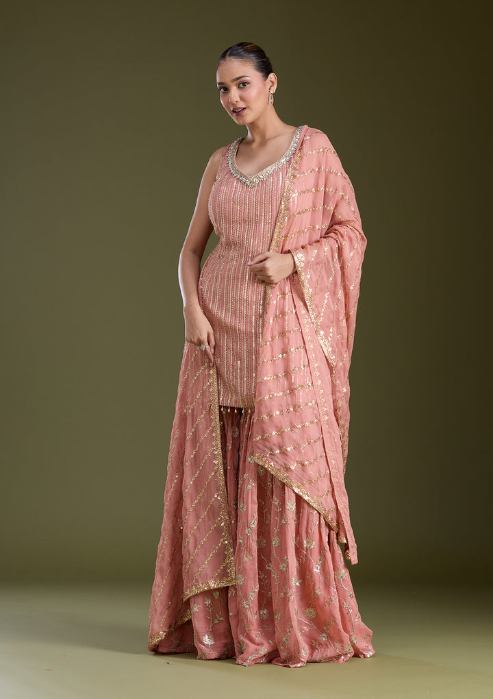 Peach Sequins Georgette Readymade Salwar Suit