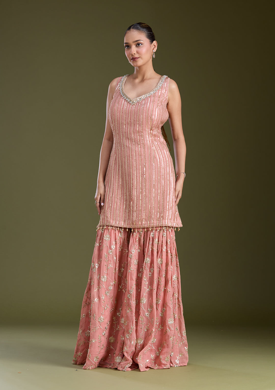 Peach Sequins Georgette Readymade Salwar Suit