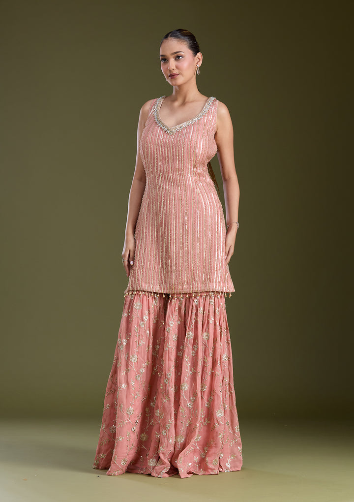 Peach Sequins Georgette Readymade Salwar Suit