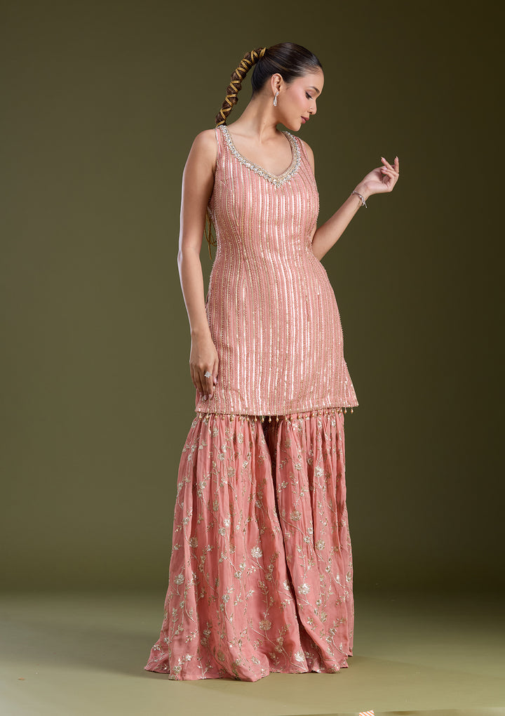 Peach Sequins Georgette Readymade Salwar Suit