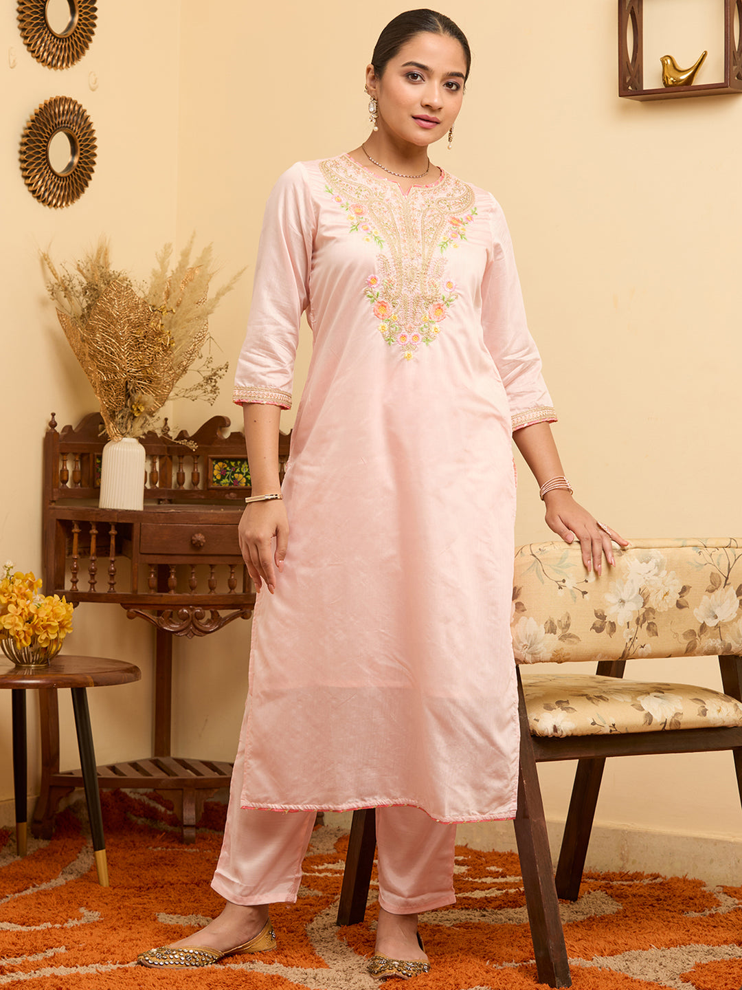 Peach Cording Chanderi Readymade Salwar Suit