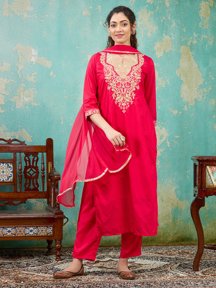 Red Threadwork Chanderi Readymade Salwar Suit