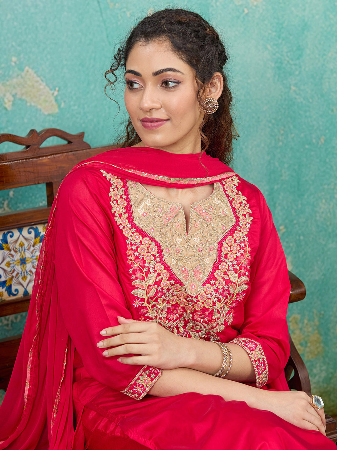 Red Threadwork Chanderi Readymade Salwar Suit