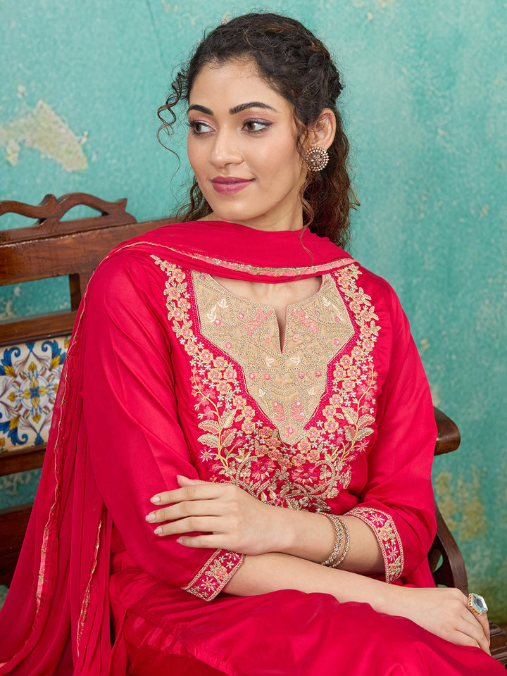 Red Threadwork Chanderi Readymade Salwar Suit