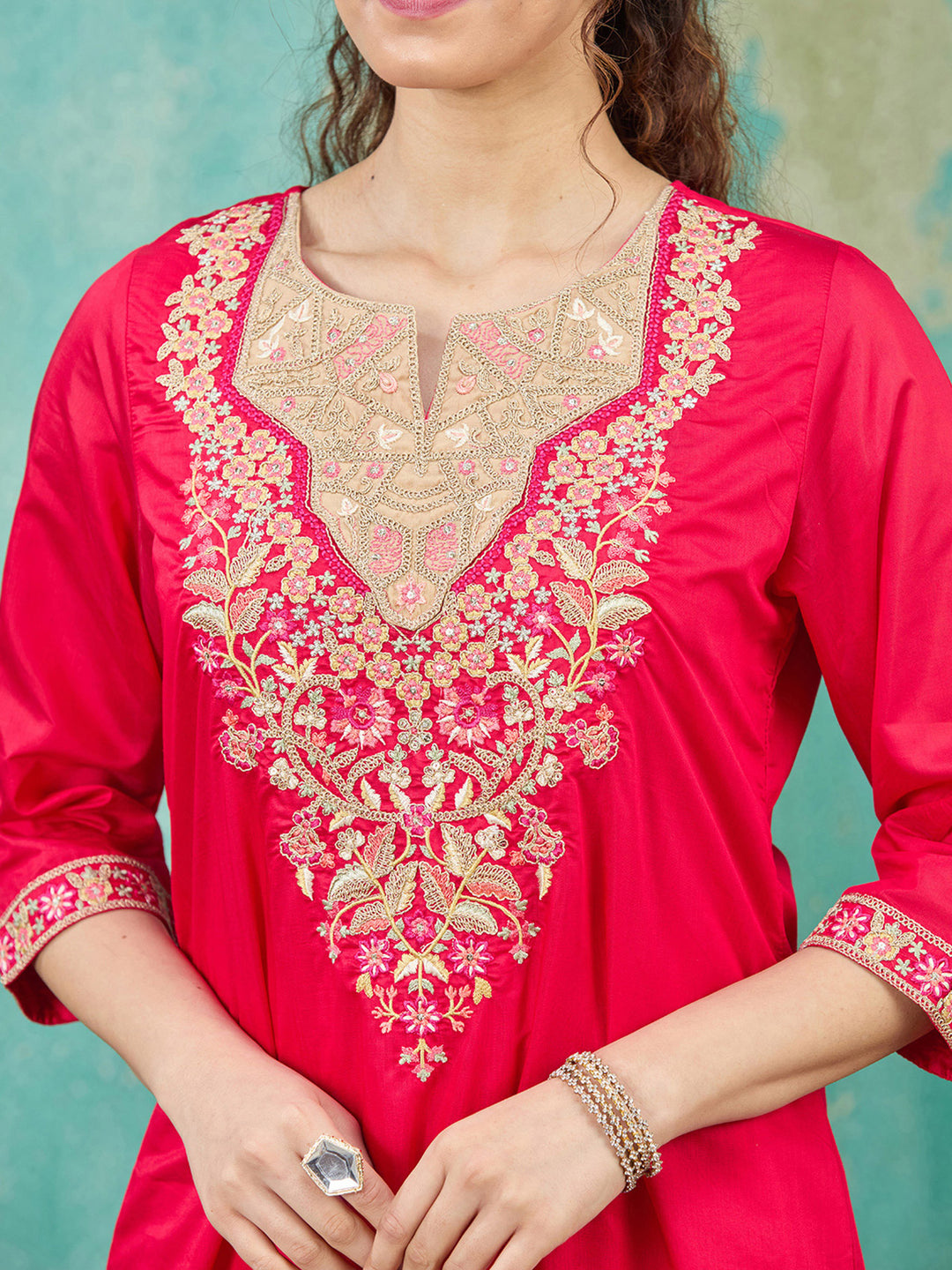 Red Threadwork Chanderi Readymade Salwar Suit