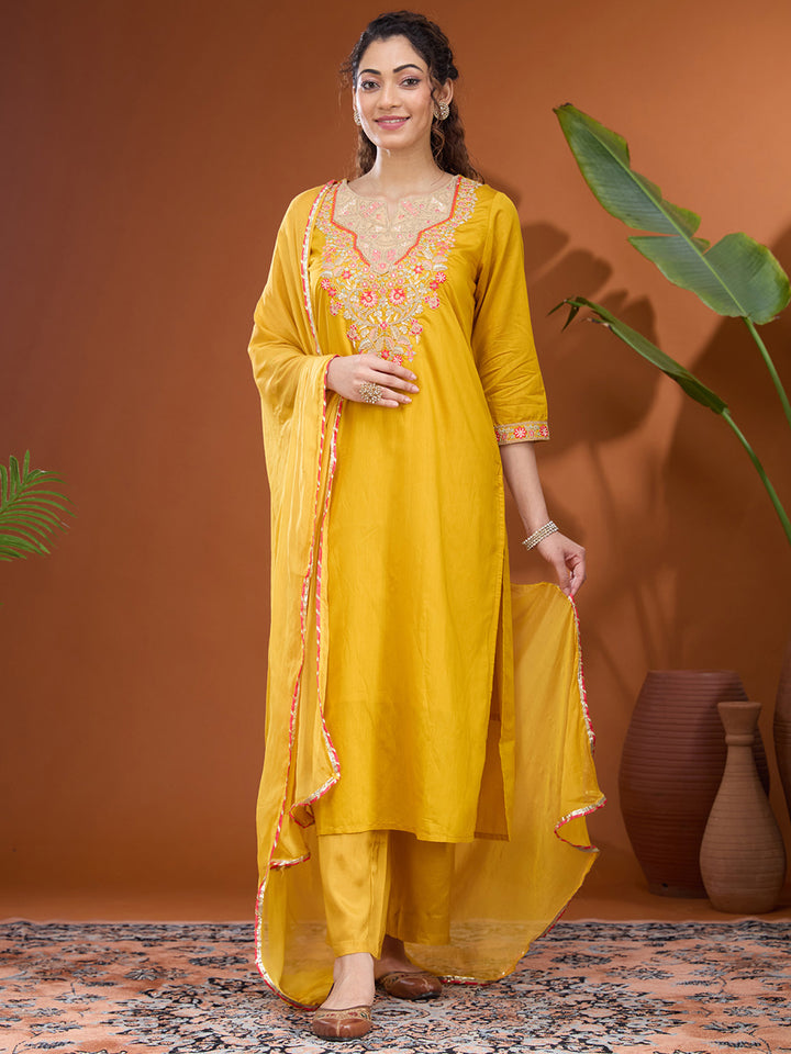 Mustard Yellow Threadwork Chanderi Readymade Salwar Suit