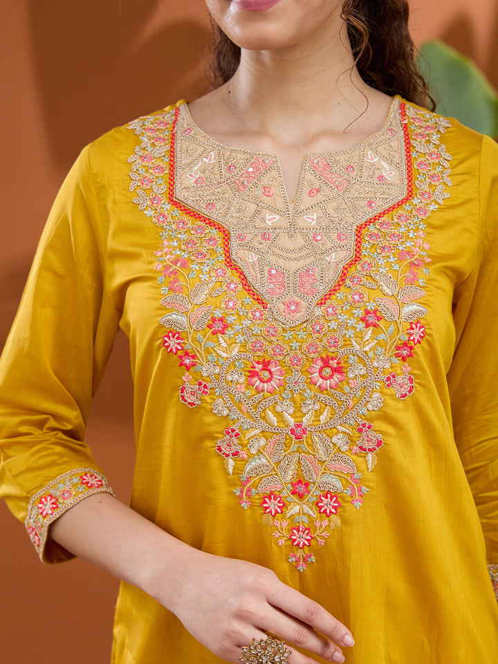 Mustard Yellow Threadwork Chanderi Readymade Salwar Suit