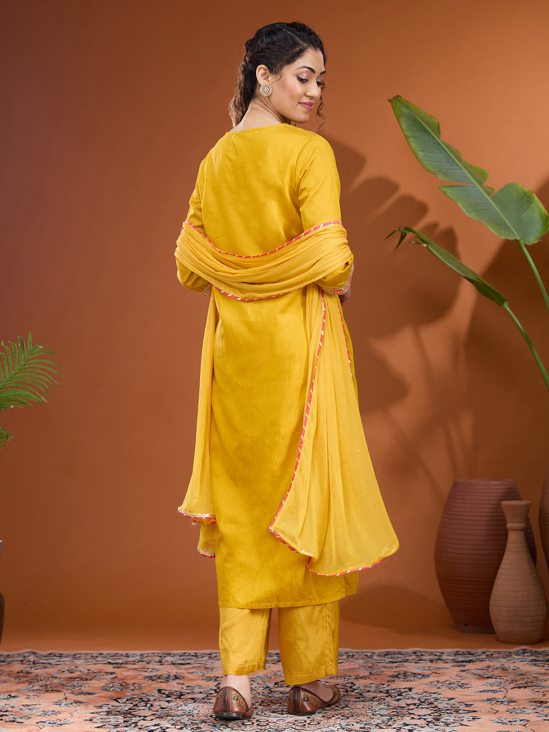 Mustard Yellow Threadwork Chanderi Readymade Salwar Suit