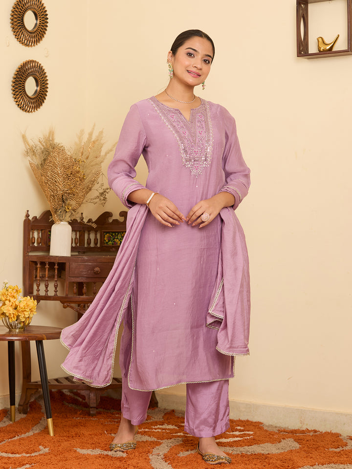 Lavender Mirrorwork Chanderi Readymade Salwar Suit