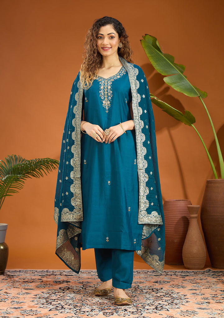 Peacock Blue Threadwork Chanderi Readymade Salwar Suit