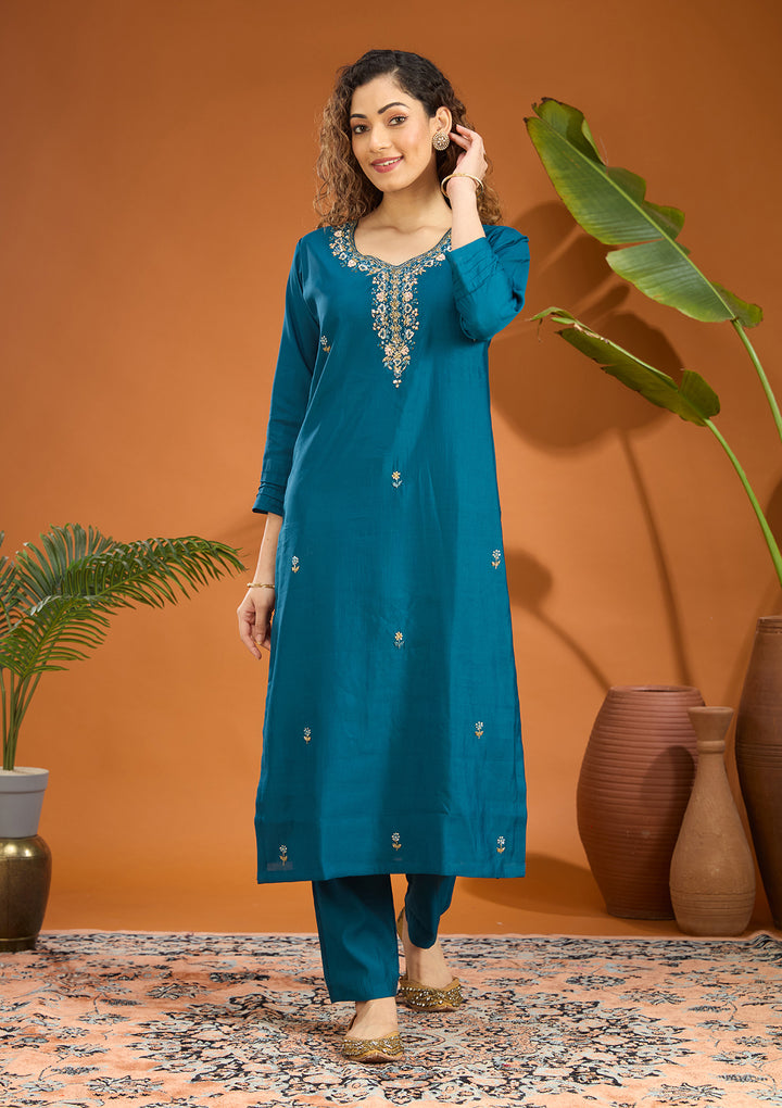 Peacock Blue Threadwork Chanderi Readymade Salwar Suit