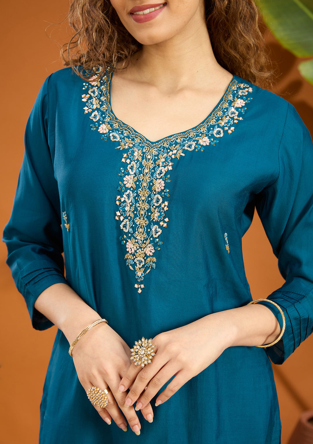 Peacock Blue Threadwork Chanderi Readymade Salwar Suit