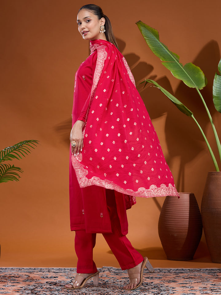 Rani Pink Threadwork Chanderi Readymade Salwar Suit