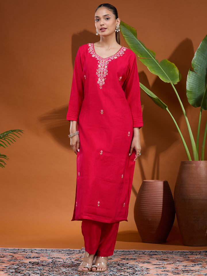 Rani Pink Threadwork Chanderi Readymade Salwar Suit