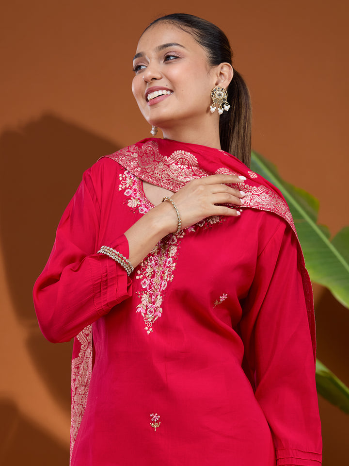 Rani Pink Threadwork Chanderi Readymade Salwar Suit