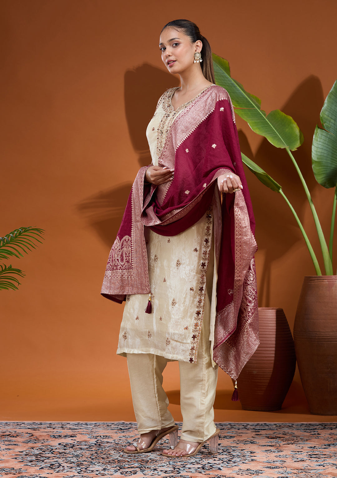 Cream Zariwork (Gold) Soft Raw Silk Readymade Salwar Suit