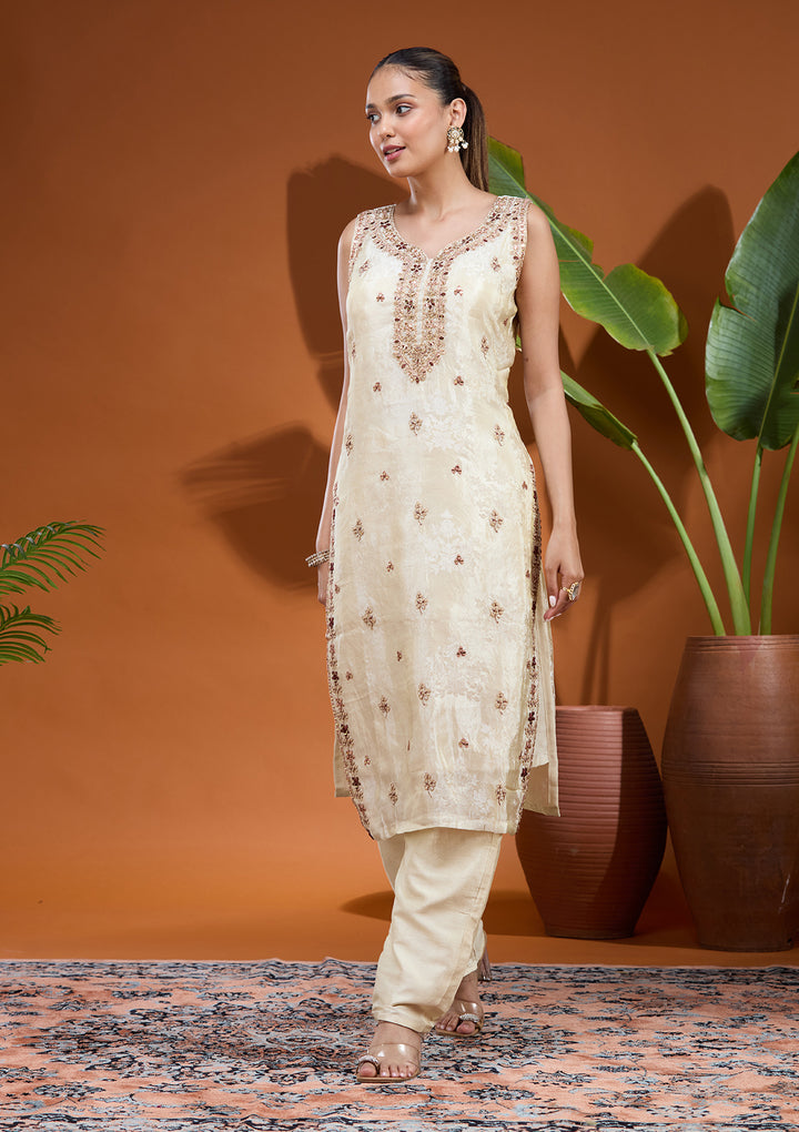 Cream Zariwork (Gold) Soft Raw Silk Readymade Salwar Suit