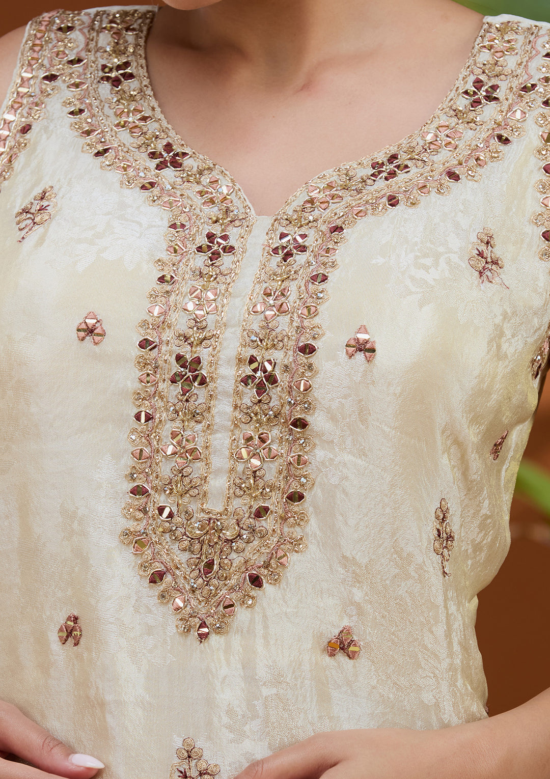 Cream Zariwork (Gold) Soft Raw Silk Readymade Salwar Suit