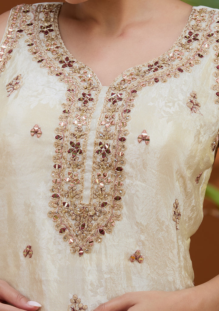 Cream Zariwork (Gold) Soft Raw Silk Readymade Salwar Suit