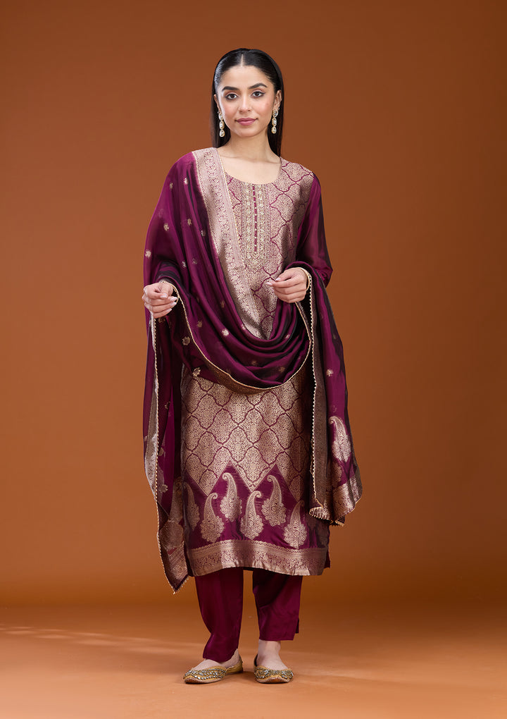 Wine Zariwork (Gold) Soft Raw Silk Readymade Salwar Suit