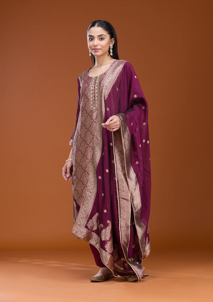 Wine Zariwork (Gold) Soft Raw Silk Readymade Salwar Suit