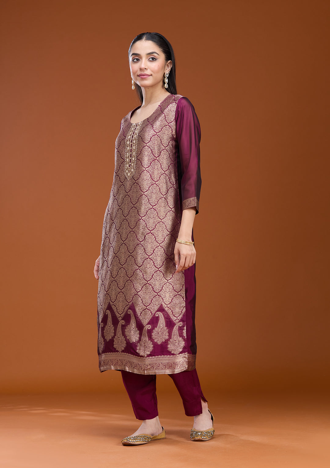 Wine Zariwork (Gold) Soft Raw Silk Readymade Salwar Suit