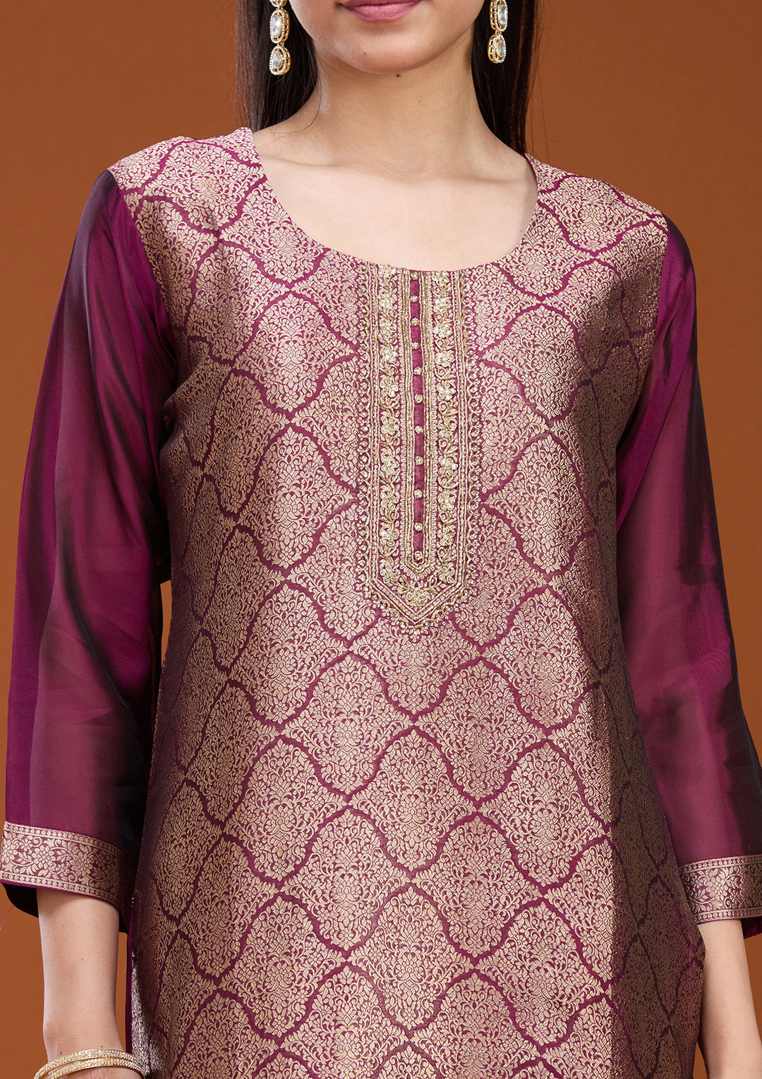 Wine Zariwork (Gold) Soft Raw Silk Readymade Salwar Suit