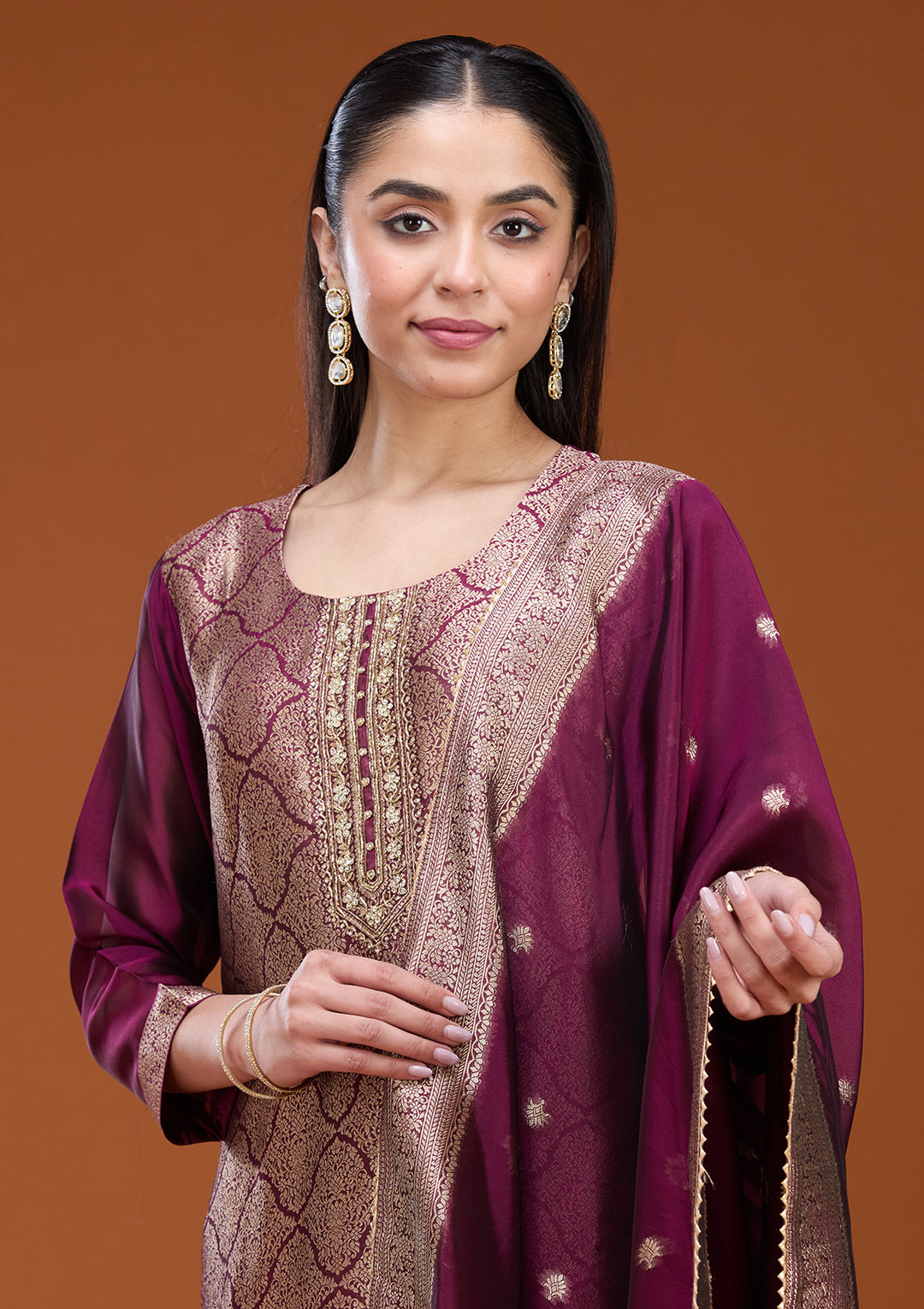 Wine Zariwork (Gold) Soft Raw Silk Readymade Salwar Suit