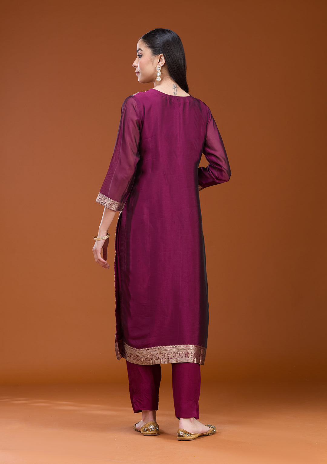 Wine Zariwork (Gold) Soft Raw Silk Readymade Salwar Suit