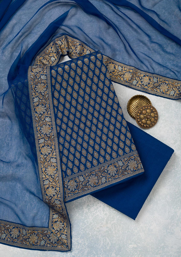 Navy Blue Zariwork Banarasi Unstitched Salwar Suit