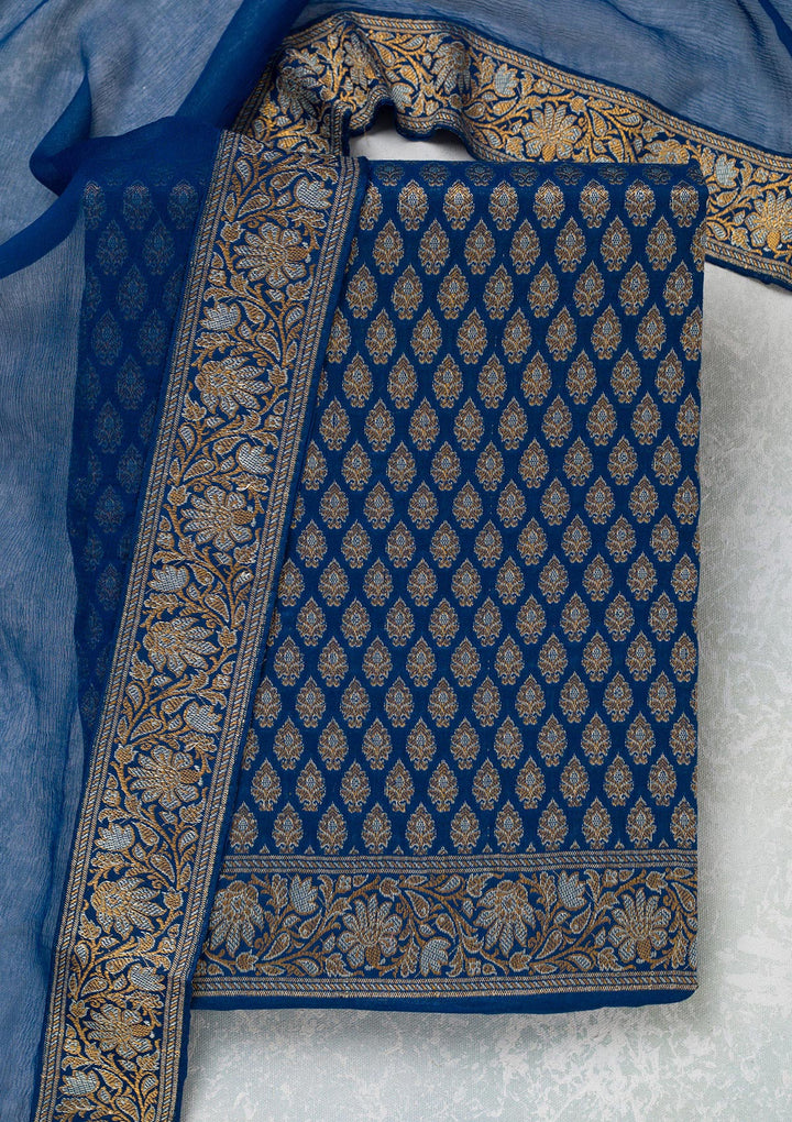 Navy Blue Zariwork Banarasi Unstitched Salwar Suit